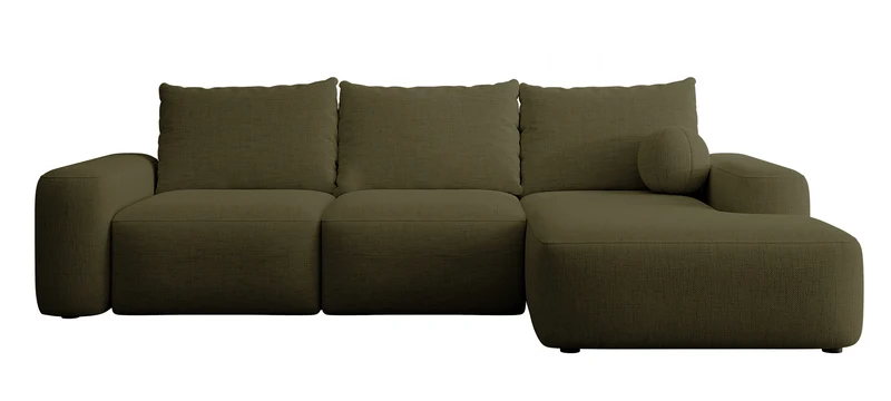 Ecksofa mit Schlaffunktion Carnos, L-förmig, mit Ball, einzelne Kissen, olivgrüner hydrophober Chenille-Stoff, rechtsseitig
