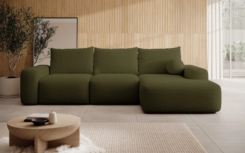 Ecksofa mit Schlaffunktion Carnos, L-förmig, mit Ball, einzelne Kissen, olivgrüner hydrophober Chenille-Stoff, rechtsseitig