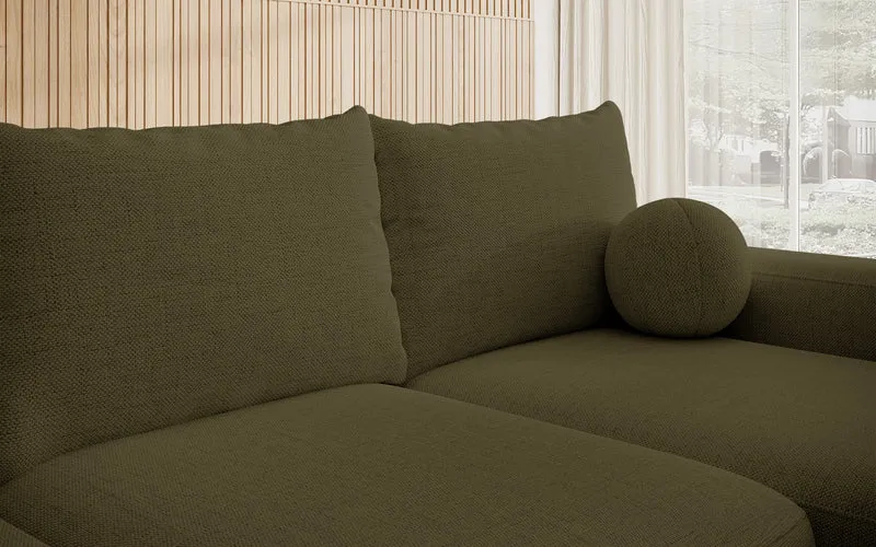 Ecksofa mit Schlaffunktion Carnos, L-förmig, mit Ball, einzelne Kissen, olivgrüner hydrophober Chenille-Stoff, rechtsseitig
