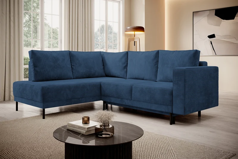 Ecksofa Rodario mit Schlaffunktion und Bettkasten, dunkelblauer Cord, linksseitig