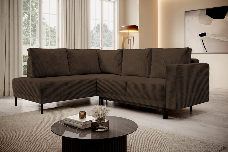 Ecksofa Rodario mit Schlaffunktion und Bettkasten, dunkelbrauner Cord, linksseitig