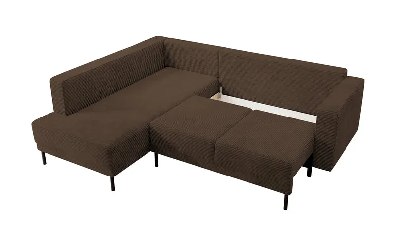 Ecksofa Rodario mit Schlaffunktion und Bettkasten, dunkelbrauner Cord, linksseitig