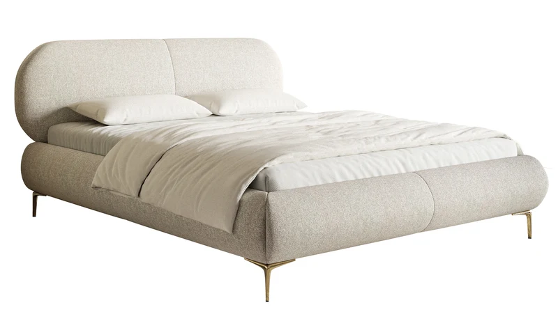 Polsterbett 140x200 cm Ovalle mit Stauraum, Metallrahmen, hellbeige, hydrofobe Flechtung, goldene Beine