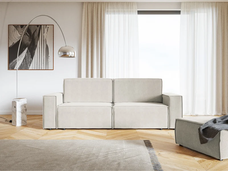 Dreisitziges ausziehbares Sofa Copertino, hellbeiger wasserabweisender Veloursstoff