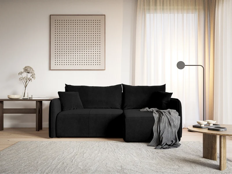 Ecksofa mit Schlafunktion Mamla, L-förmig, schwarz, mit Stauraum, hydrophober Samt, universell einsetzbar