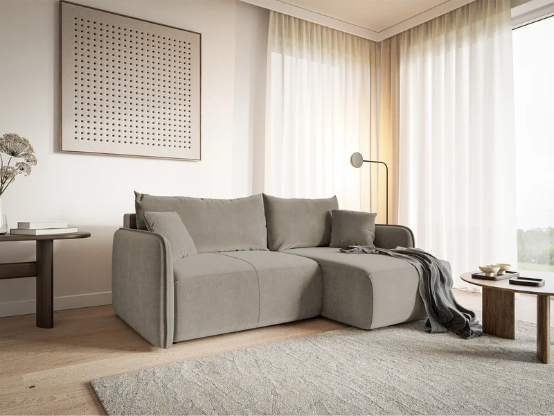 Ecksofa mit Schlafunktion Mamla, L-förmig, grau-beige, mit Stauraum, hydrophobes Samtgewebe, universell einsetzbar