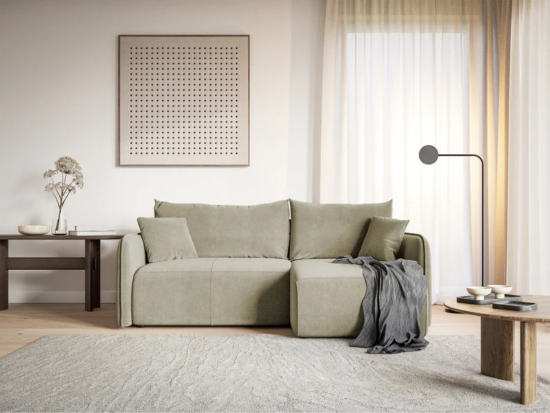 Ecksofa mit Schlaffunktion Mamla, L-förmig, hellbeige, mit Stauraum, wasserabweisender Velours, universell einsetzbar