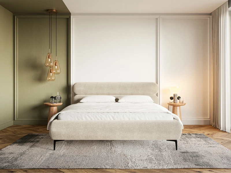 Polsterbett 160x200 cm Roule mit Stauraum, Metallrahmen, hellbeiger wasserabweisender Samt, schwarze Beine