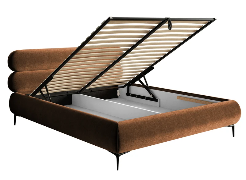 Polsterbett 140x200 cm Roule mit Stauraum, Metallrahmen, kupferfarbener Samt, wasserabweisend, schwarze Beine