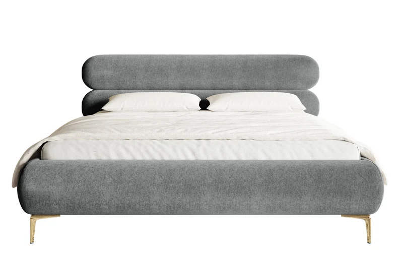 Gepolstertes Bett 160x200 cm Roule mit Stauraum, Metallrahmen, grauer, wasserabweisender Samt, goldene Beine