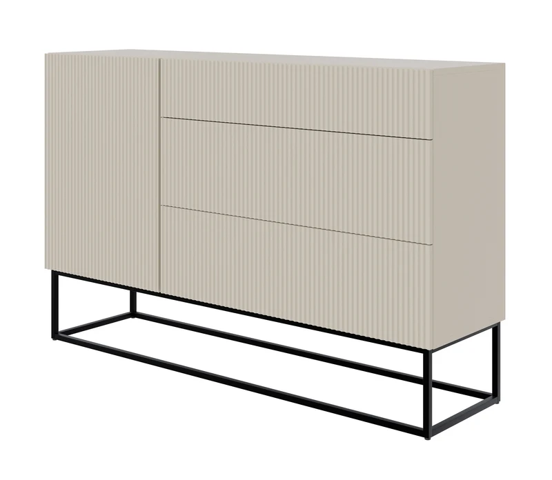 Einzeltür-Kommode Veldio mit gefräster Front und drei Schubladen, 140 cm, grau-beige mit schwarzen Beinen