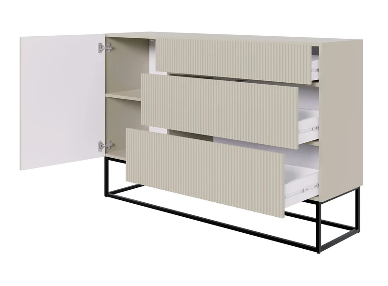 Einzeltür-Kommode Veldio mit gefräster Front und drei Schubladen, 140 cm, grau-beige mit schwarzen Beinen