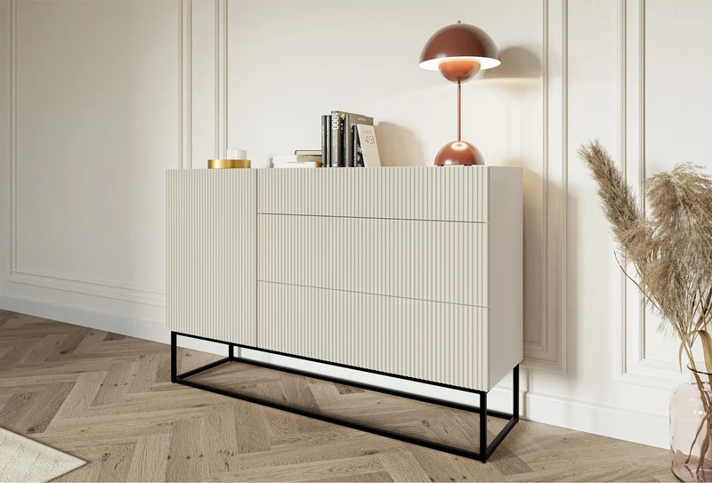 Einzeltür-Kommode Veldio mit gefräster Front und drei Schubladen, 140 cm, grau-beige mit schwarzen Beinen