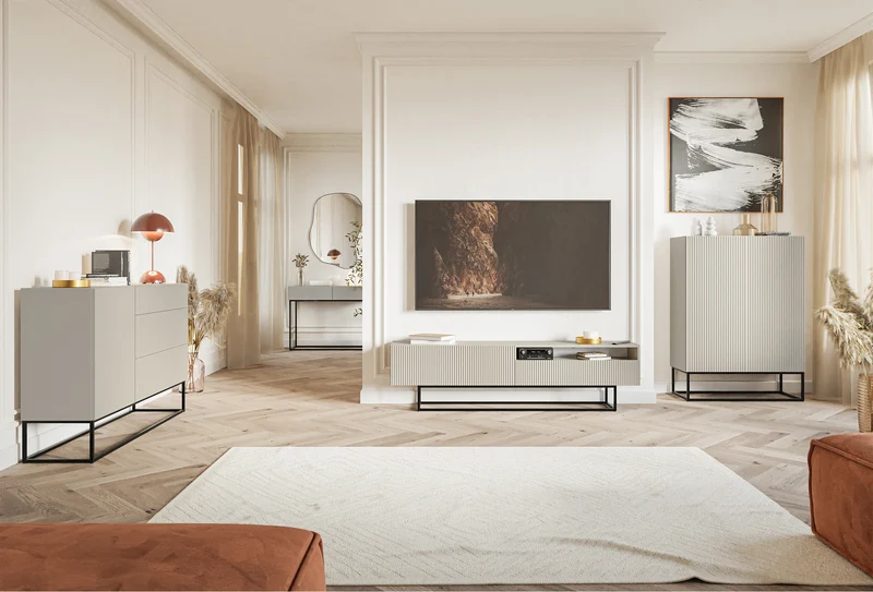 Einzeltür-Kommode Veldio mit gefräster Front und drei Schubladen, 140 cm, grau-beige mit schwarzen Beinen