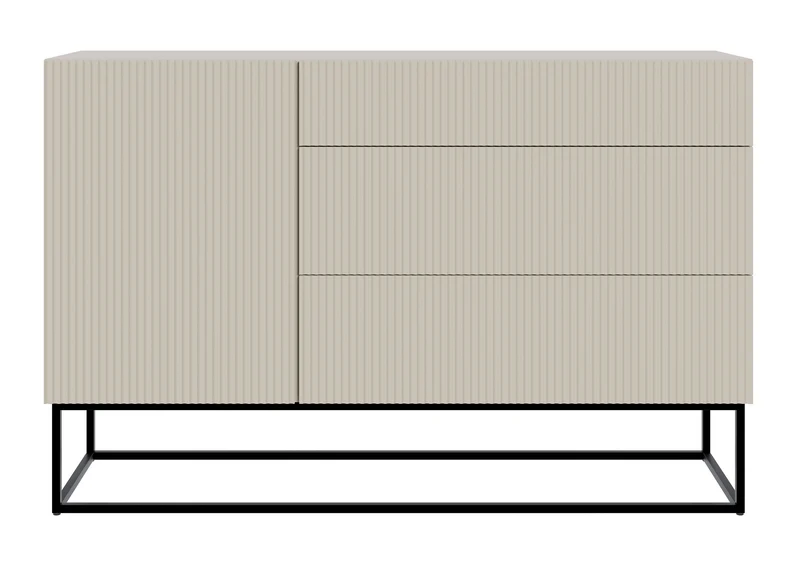 Einzeltür-Kommode Veldio mit gefräster Front und drei Schubladen, 140 cm, grau-beige mit schwarzen Beinen
