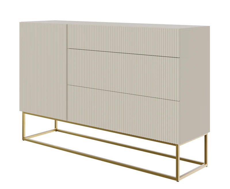 Einzeltür-Kommode Veldio mit gefräster Front und drei Schubladen, 140 cm, grau-beige mit schwarzen Beinen