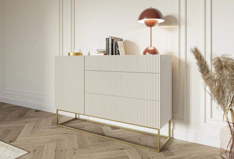 Einzeltür-Kommode Veldio mit gefräster Front und drei Schubladen, 140 cm, grau-beige mit schwarzen Beinen