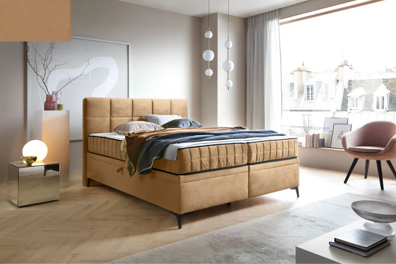 Kontinentales Bett 160x200 cm Beriano mit Stauraum und Matratze, beiger Samt