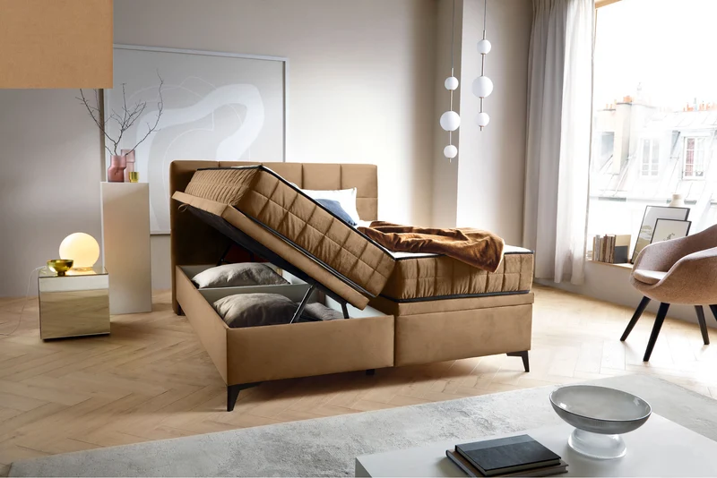 Kontinentales Bett 160x200 cm Beriano mit Stauraum und Matratze, beiger Samt