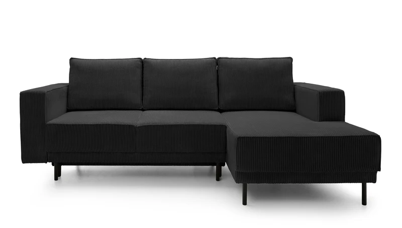 Ecksofa mit Schlaf funktion Rodario mini, L-förmig, mit Stauraum, schwarzer Cord, rechtsseitig