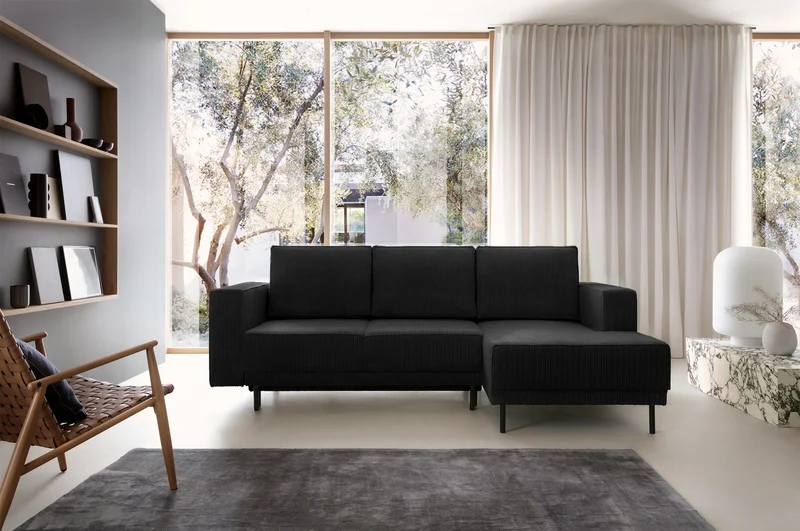 Ecksofa mit Schlaf funktion Rodario mini, L-förmig, mit Stauraum, schwarzer Cord, rechtsseitig