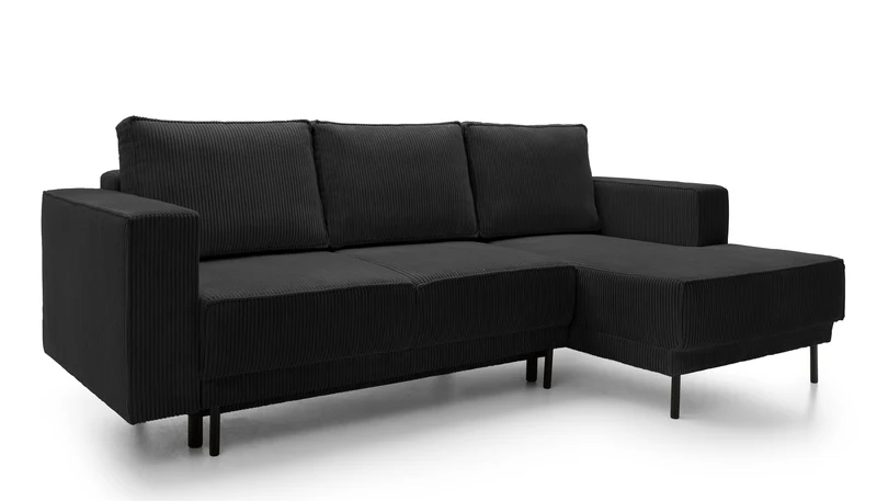 Ecksofa mit Schlaf funktion Rodario mini, L-förmig, mit Stauraum, schwarzer Cord, rechtsseitig