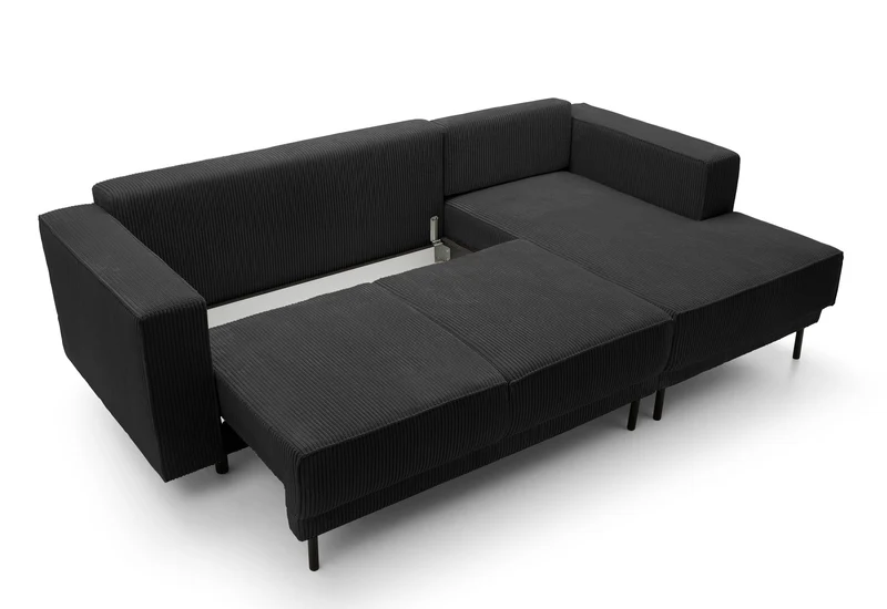 Ecksofa mit Schlaf funktion Rodario mini, L-förmig, mit Stauraum, schwarzer Cord, rechtsseitig