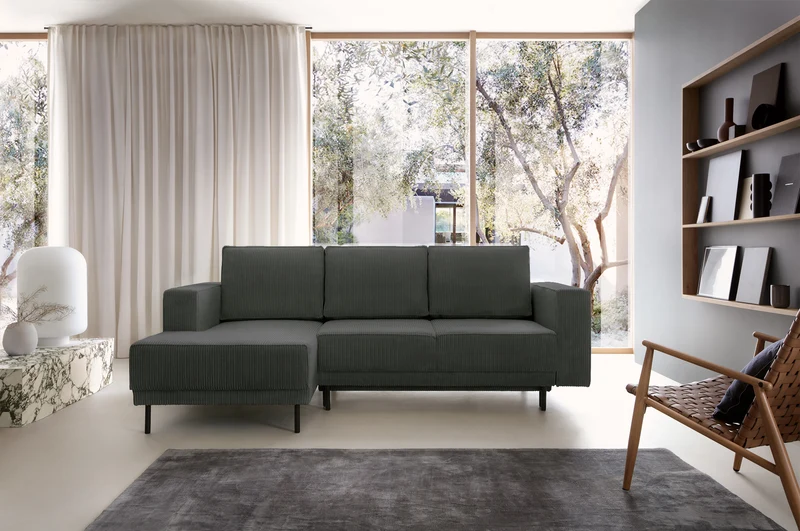 Ecksofa mit Schlaffunktion Rodario Mini L-förmig mit Stauraum, grau Cord, linksseitig