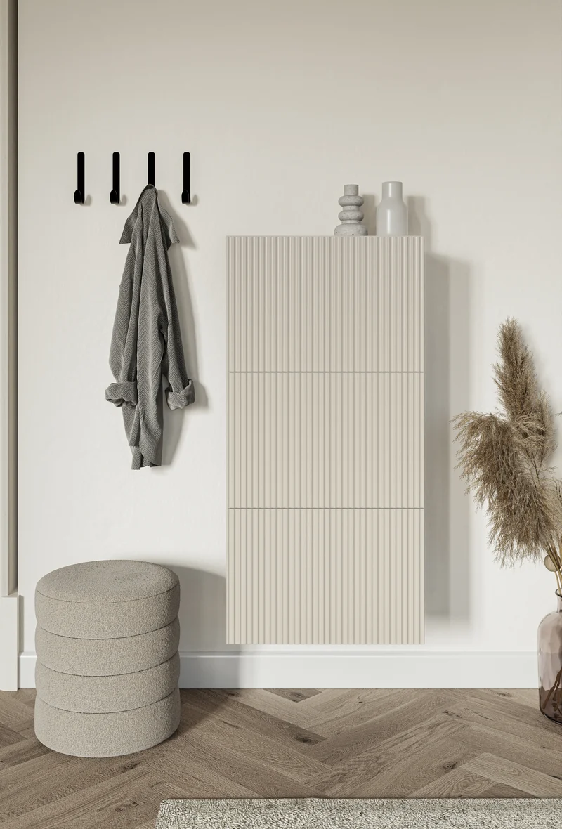 Schuhschrank Veldio mit gefräster Front und drei Fächern, 50 cm, Grau-Beige, zum Aufhängen