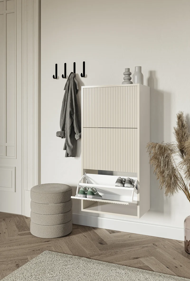 Schuhschrank Veldio mit gefräster Front und drei Fächern, 50 cm, Grau-Beige, zum Aufhängen