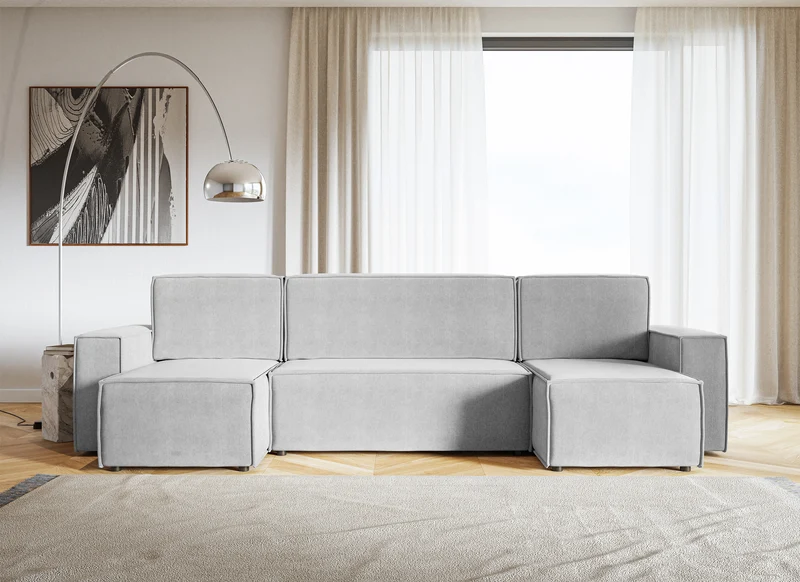 U-förmiges Ecksofa Copertino mit Schlaffunktion, universellem Stauraum, hellgrauer, wasserabweisender Samtbezug