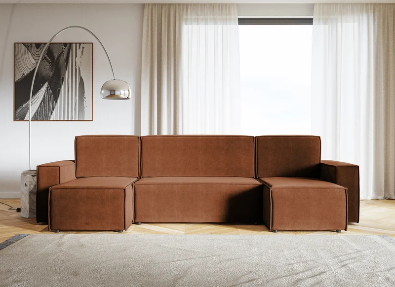 Ecksofa mit Schlaffunktion Copertino, U-förmig, mit universellem Stauraum, kupferfarbener hydrophober Samt