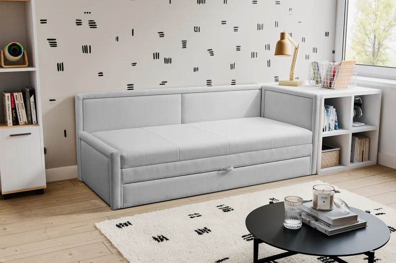 Jugendbett Caprili mit Stauraum, hellgrau, Flechtmuster, universell einsetzbar