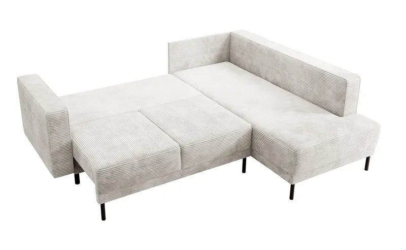 Ecksofa Rodario mit Schlaffunktion und Bettkasten, graubeiger Cord, rechtsseitig