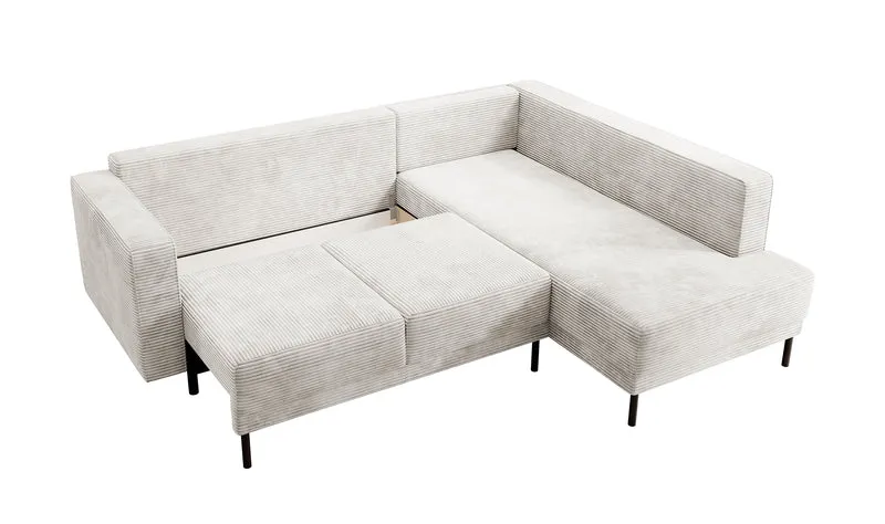 Ecksofa Rodario mit Schlaffunktion und Bettkasten, graubeiger Cord, rechtsseitig