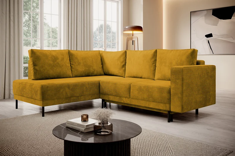 Ecksofa Rodario mit Schlafunktion und Bettkasten, senfgelber Cord, linksseitig