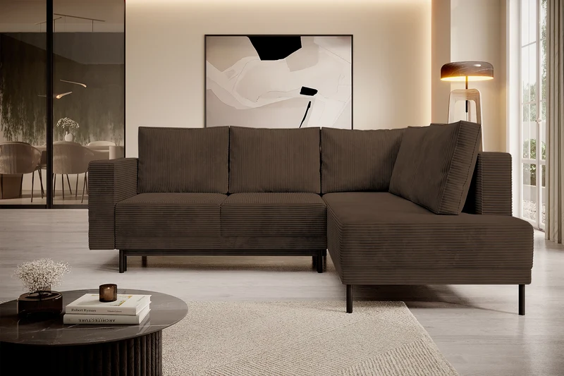 Ecksofa Rodario mit Schlafunktion und Bettkasten, dunkelbrauner Cord, rechtsseitig