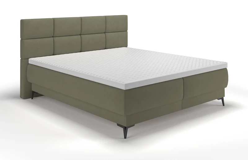 Kontinentales Bett 180x200 cm Rektango mit Stauraum und Topper, olivgrüner Samt