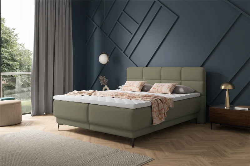 Kontinentales Bett 180x200 cm Rektango mit Stauraum und Topper, olivgrüner Samt