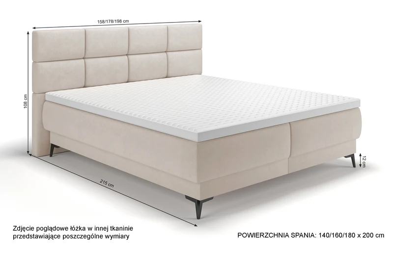 Kontinentales Bett 180x200 cm Rektango mit Stauraum und Topper, cremefarbener Samt