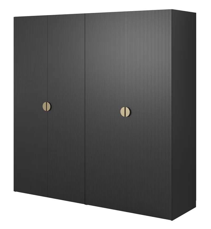 Vier­türiger Schrank Moonir mit Kleiderstange, Regalen und Schubkasten, 200 cm, Schwarz