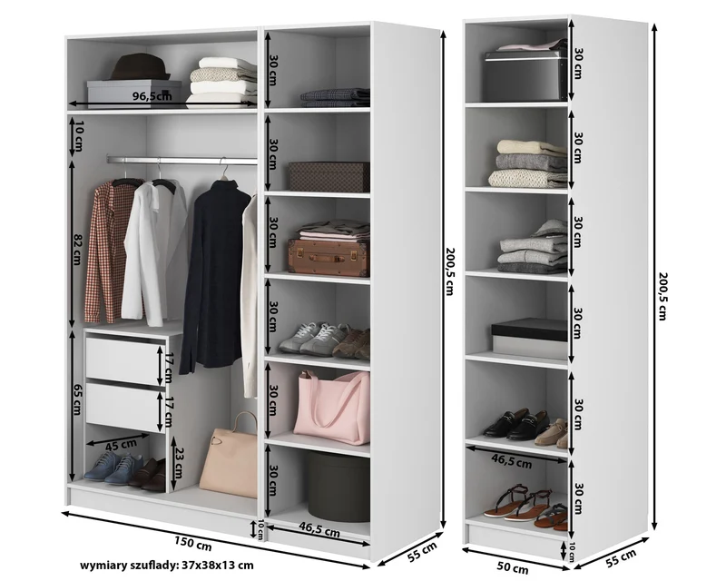 Vier­türiger Schrank Moonir mit Kleiderstange, Regalen und Schubkasten, 200 cm, Schwarz