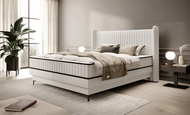 Kontinentales Bett 160x200 cm Daliano mit Stauraum, cremefarbener Samt