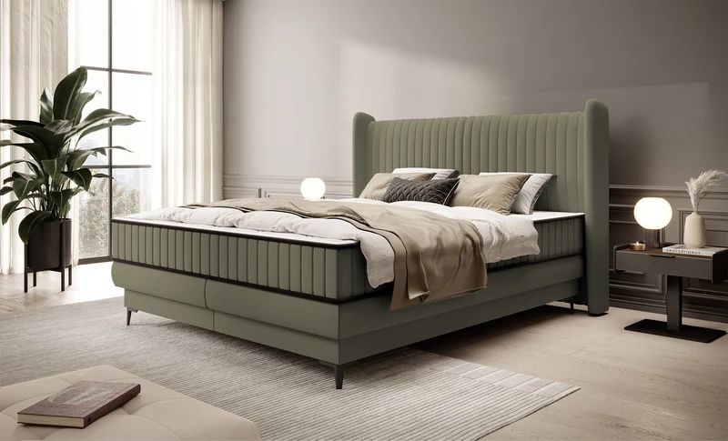 Kontinentalbett 180x200 cm Daliano mit Stauraum, olivgrüner Samt
