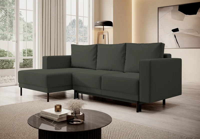 Ecksofa mit Schlafunktion Rodario Mini, L-förmig, mit Stauraum, olivgrüner, pflegeleichter Samt, linksseitig
