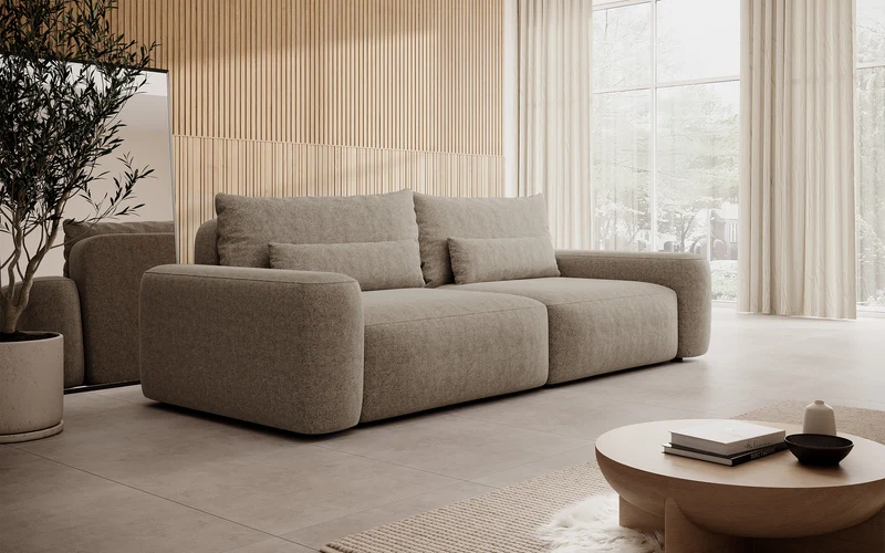 Dreisitziges ausklappbares Sofa Carnos hellbraun, chenille, wasserabweisend, schwarze Beine