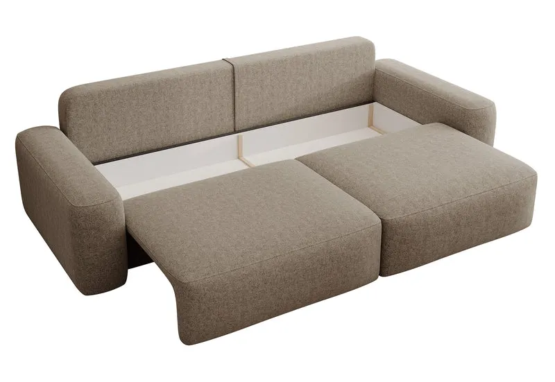 Dreisitziges ausklappbares Sofa Carnos hellbraun, chenille, wasserabweisend, schwarze Beine
