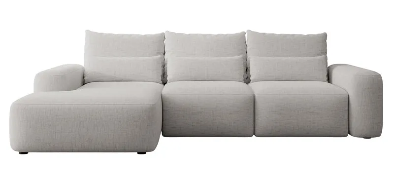 Ecksofa mit Schlaffunktion Carnos, L-förmig, mit zusätzlichen Lendenkissen, grauer hydrophober Chenille-Stoff, linksseitig