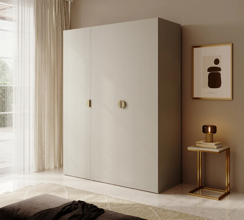 Drehtürenschrank Moonir mit langem Kleiderstange, sieben Regalen und Schubladencontainer, 150 cm, Grau-Beige