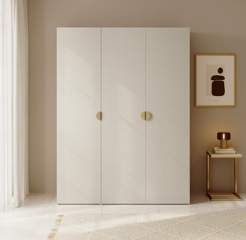 Drehtürenschrank Moonir mit langem Kleiderstange, sieben Regalen und Schubladencontainer, 150 cm, Grau-Beige